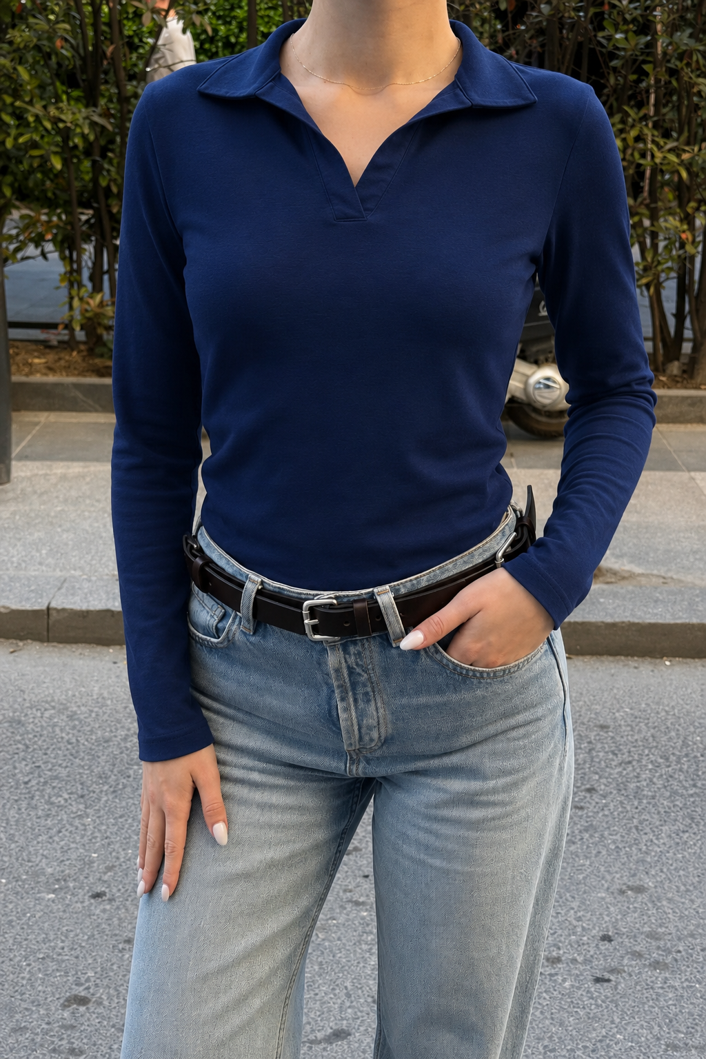 Uzun Kollu Polo Yaka Modal Bluz