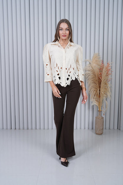 Krem Ajurlu Dantel İşlemeli Balon Kol Gömlek
