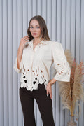Krem Ajurlu Dantel İşlemeli Balon Kol Gömlek