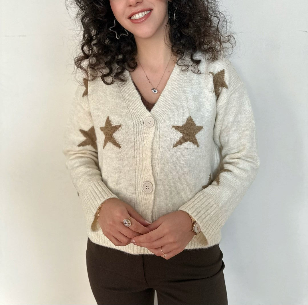 Yıldız Desenli V Yaka Triko Hırka