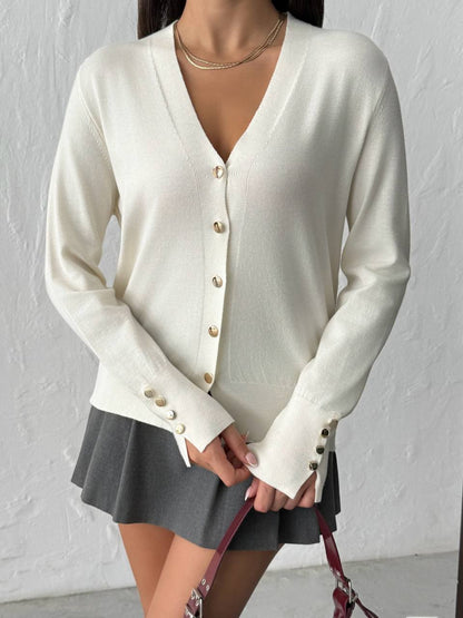 V Yaka Gold Düğmeli Triko Hırka