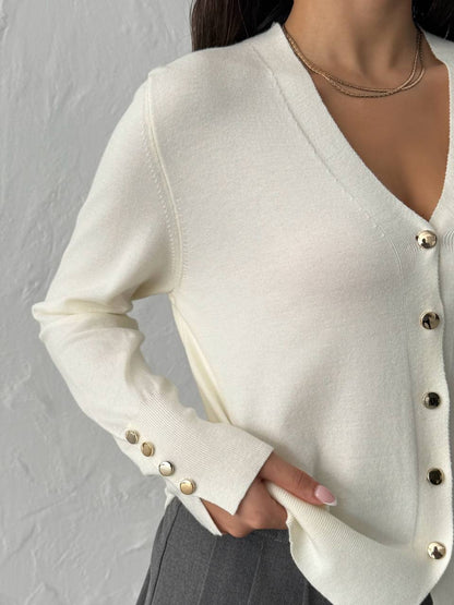 V Yaka Gold Düğmeli Triko Hırka