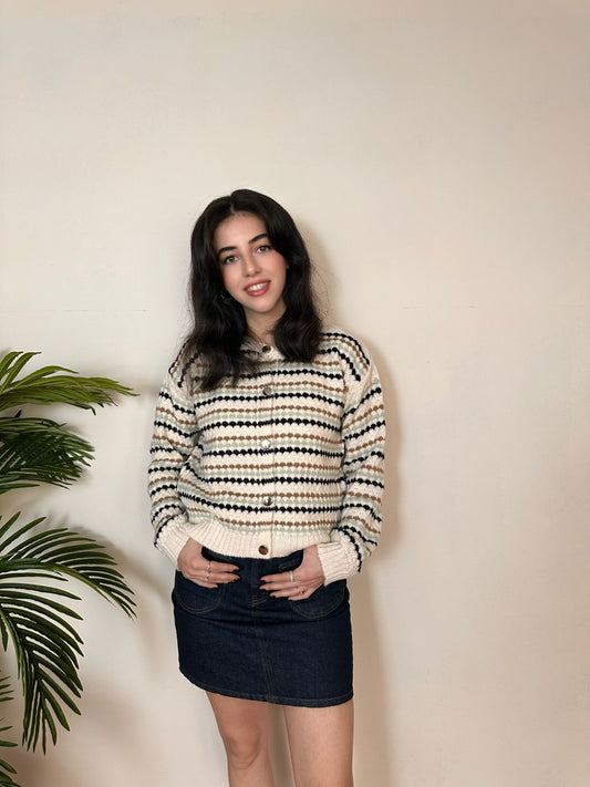 Kahve Bej Desenli Düğmeli Örme Triko Hırka