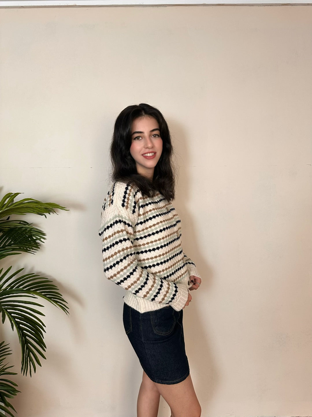 Kahve Bej Desenli Düğmeli Örme Triko Hırka