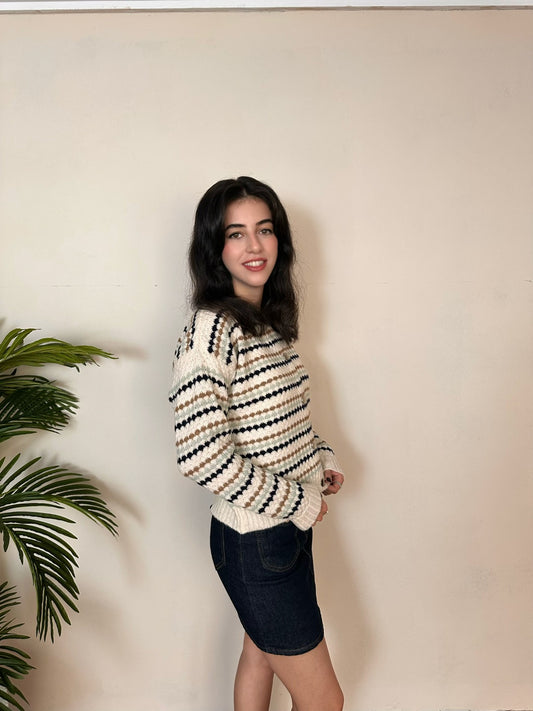 Kahve Bej Desenli Düğmeli Örme Triko Hırka