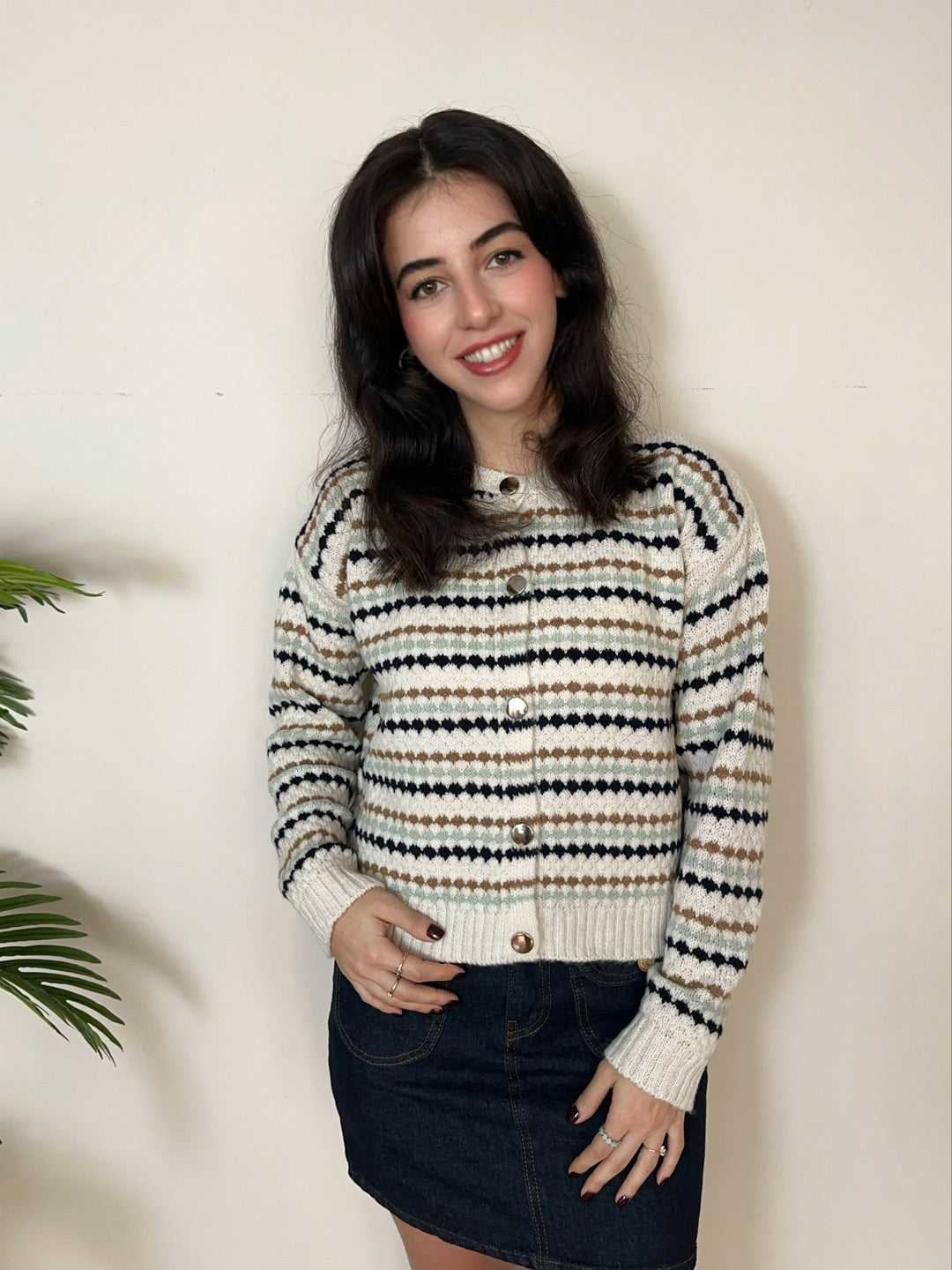 Kahve Bej Desenli Düğmeli Örme Triko Hırka