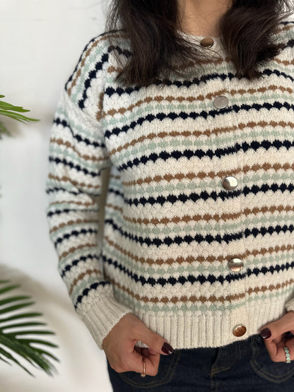 Kahve Bej Desenli Düğmeli Örme Triko Hırka