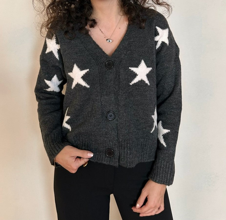 Yıldız Desenli V Yaka Triko Hırka