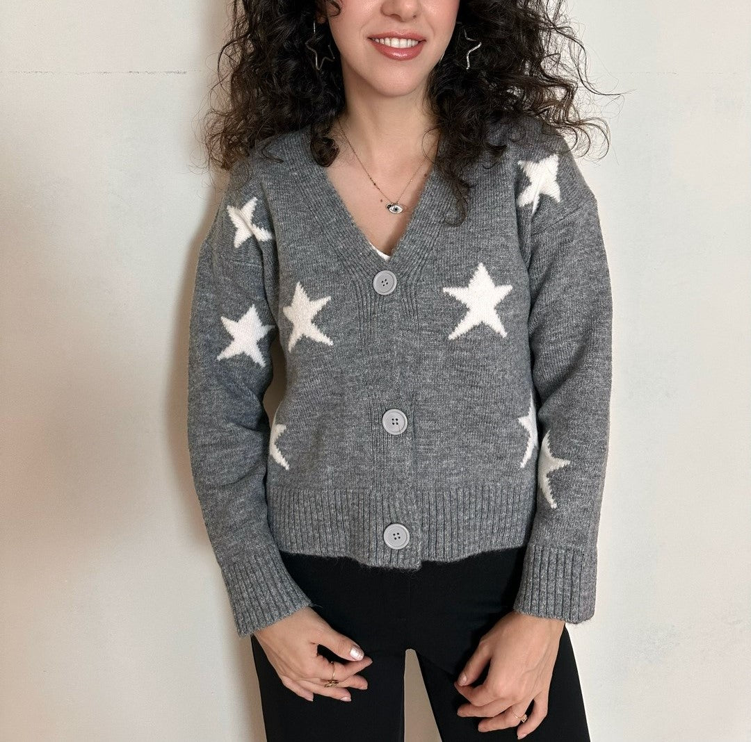 Yıldız Desenli V Yaka Triko Hırka