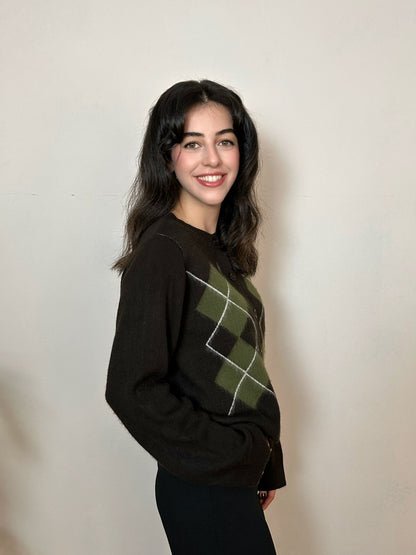 Kahverengi Baklava Desenli Triko Hırka