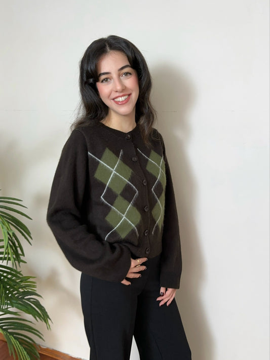 Kahverengi Baklava Desenli Triko Hırka