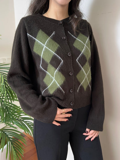 Kahverengi Baklava Desenli Triko Hırka