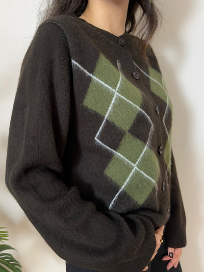 Kahverengi Baklava Desenli Triko Hırka