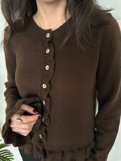 Kahverengi Fırfır Detaylı Kolu Volanlı Triko Hırka