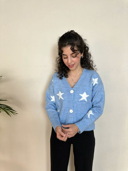 Yıldız Desenli V Yaka Triko Hırka