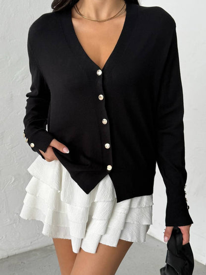 V Yaka Gold Düğmeli Triko Hırka