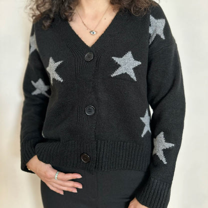 Yıldız Desenli V Yaka Triko Hırka