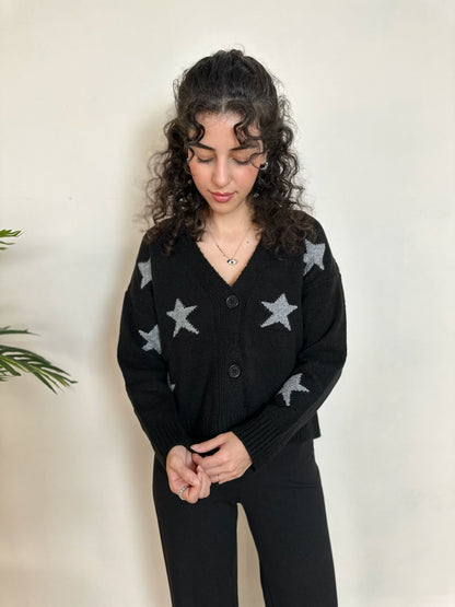 Yıldız Desenli V Yaka Triko Hırka