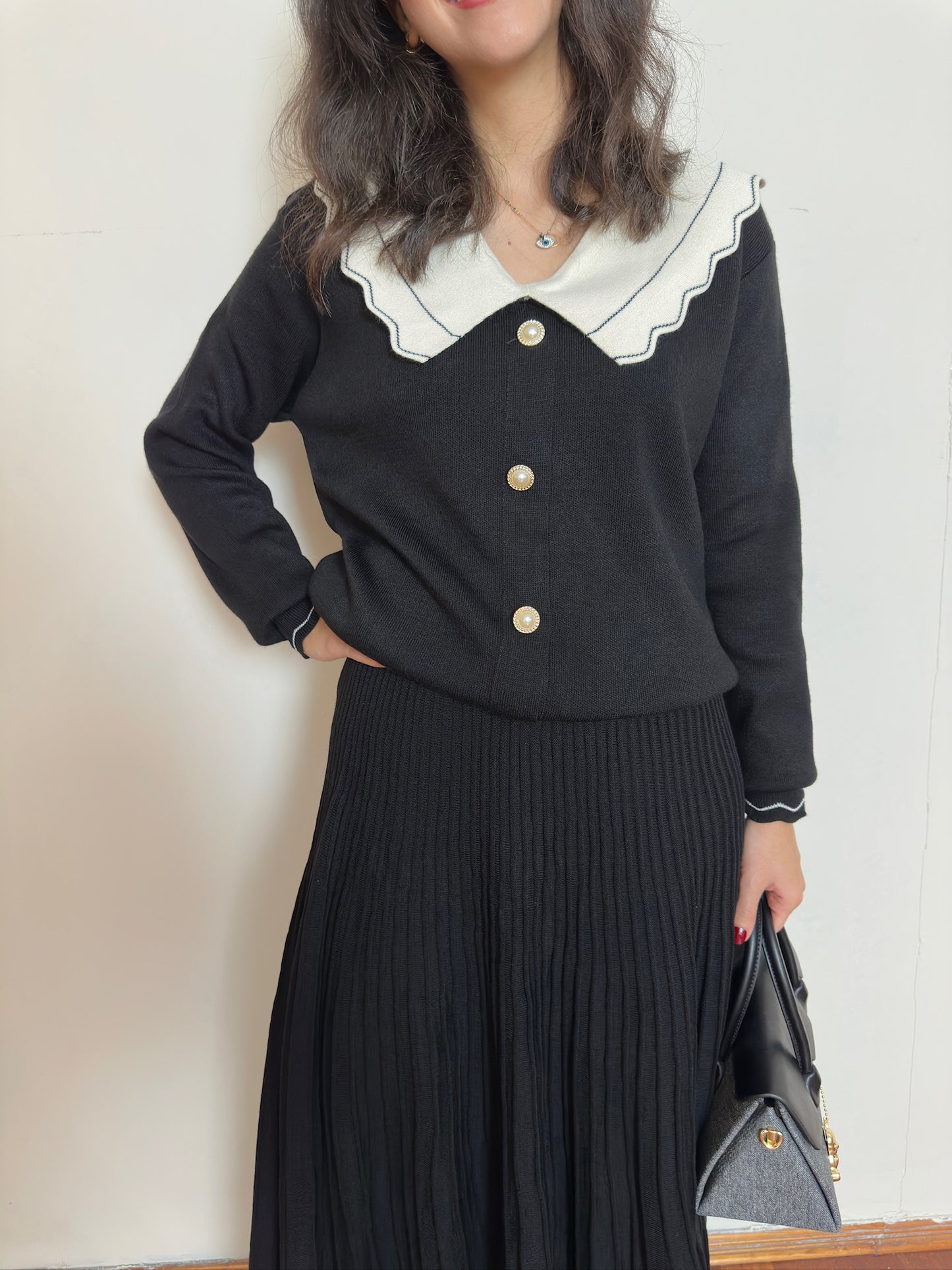 Bebe Yaka Siyah Triko Kazak Piliseli Uzun Etek İkili Takım