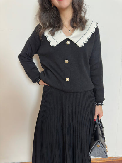 Bebe Yaka Siyah Triko Kazak Piliseli Uzun Etek İkili Takım