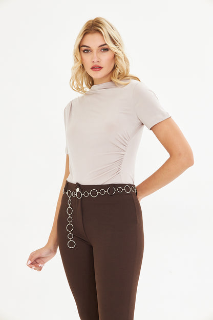 Bej Drape Detaylı Fitted Örme Bluz