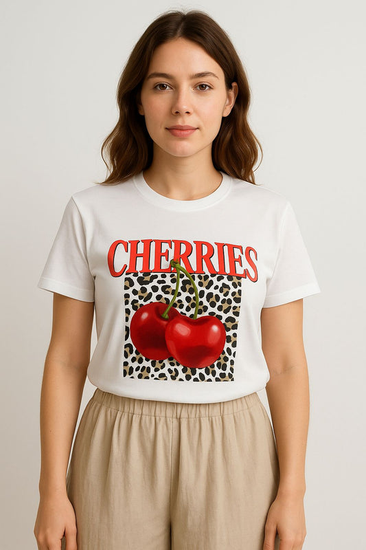 Beyaz Kiraz Baskılı Tişört