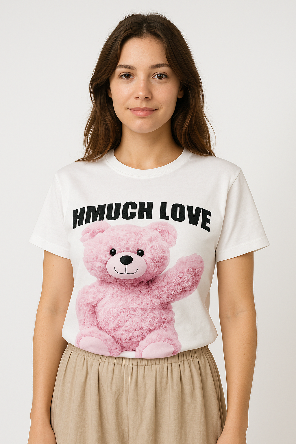 Beyaz Oversize Ayıcık Baskılı Tişört