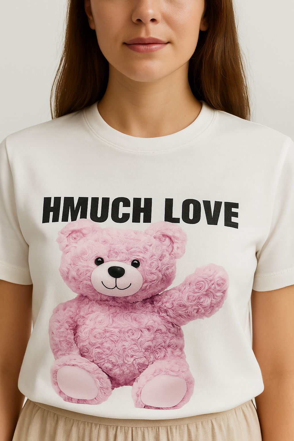 Beyaz Oversize Ayıcık Baskılı Tişört