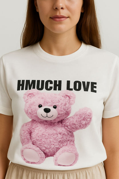 Beyaz Oversize Ayıcık Baskılı Tişört