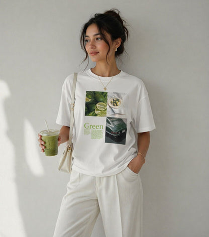 Kadın Oversize Yeşil Baskılı Tişört