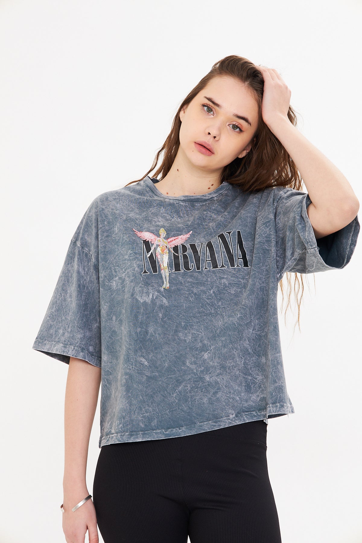 Gri Oversize Yıkamalı Kısa Kadın Tişört