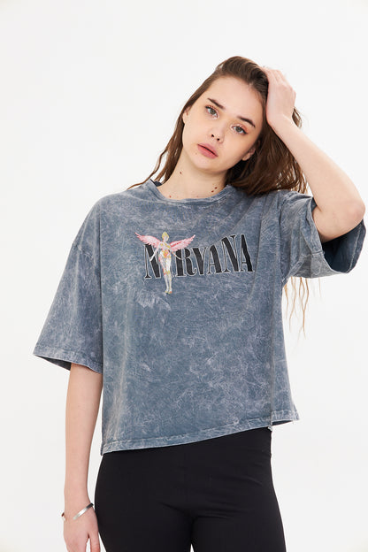 Gri Oversize Yıkamalı Kısa Kadın Tişört