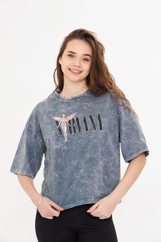 Gri Oversize Yıkamalı Kısa Kadın Tişört