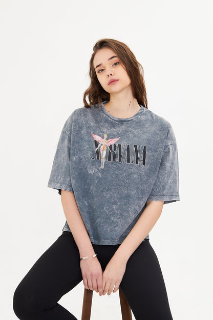 Gri Oversize Yıkamalı Kısa Kadın Tişört