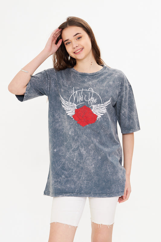 Gri Oversize Gül Baskılı Kadın Tişört