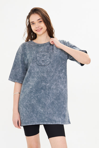 Gri Oversize Yıkamalı Kadın Tişört