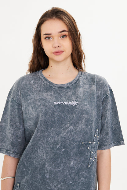 Gri Yıldız Detaylı Yıkamalı Oversize Tişört