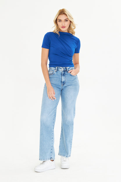 Lacivert Drape Detaylı Fitted Örme Bluz