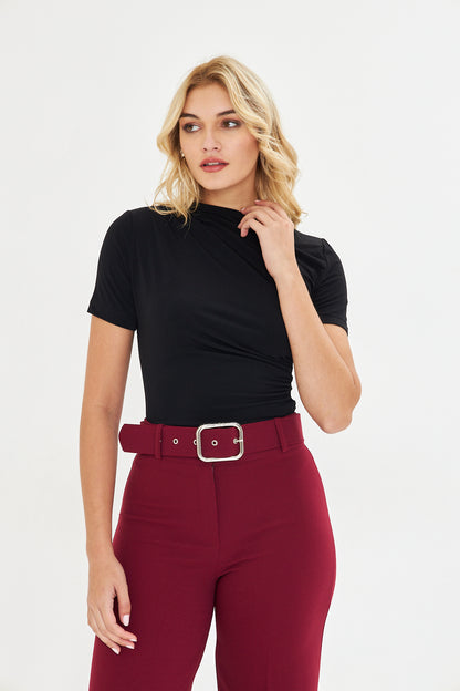 Siyah Drape Detaylı Fitted Örme Bluz