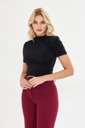 Siyah Drape Detaylı Fitted Örme Bluz