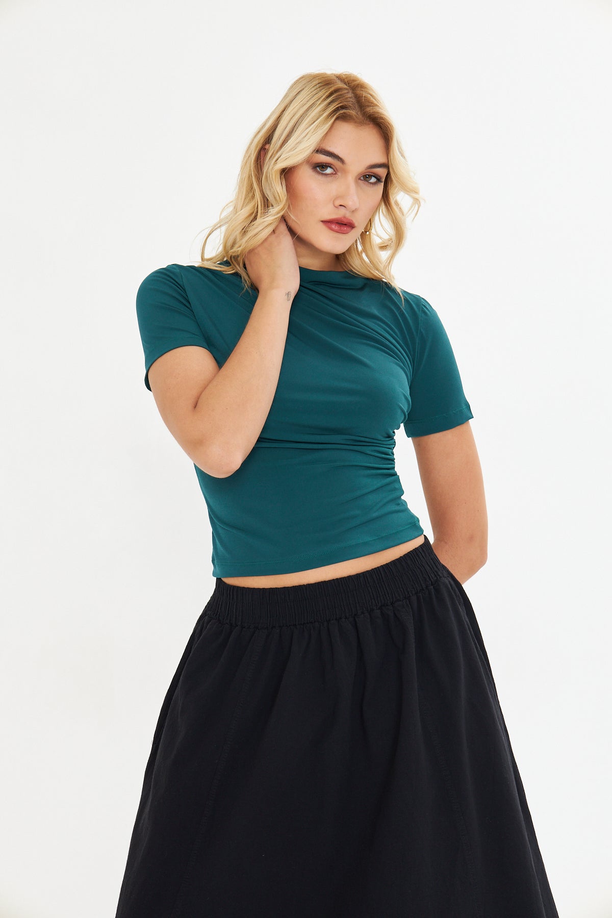 Yeşil Drape Detaylı Fitted Örme Bluz