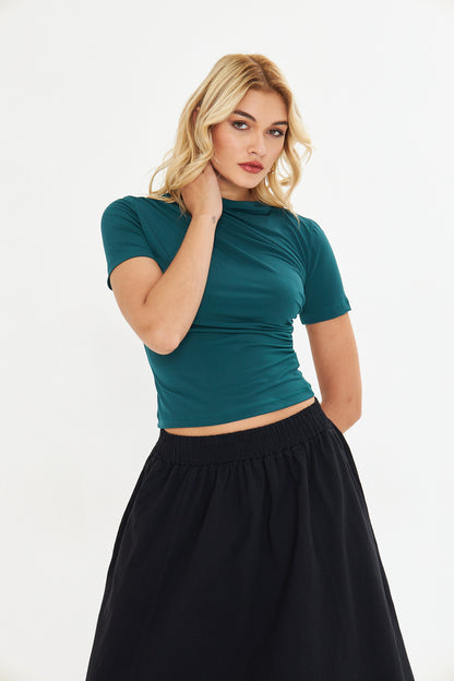 Yeşil Drape Detaylı Fitted Örme Bluz