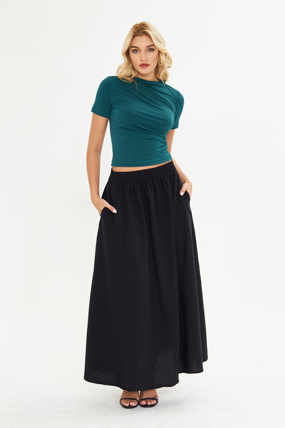 Yeşil Drape Detaylı Fitted Örme Bluz