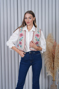 Krem Müslin Çiçek Desenli Bohem Yelek