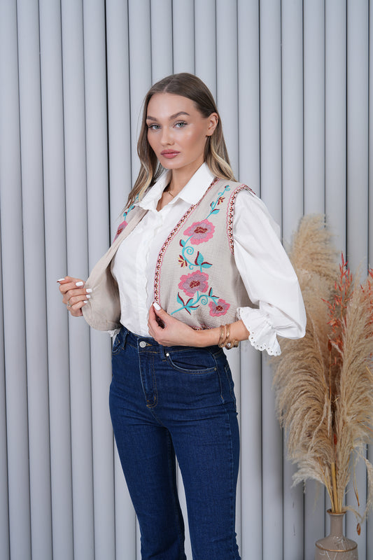 Krem Müslin Çiçek Desenli Bohem Yelek