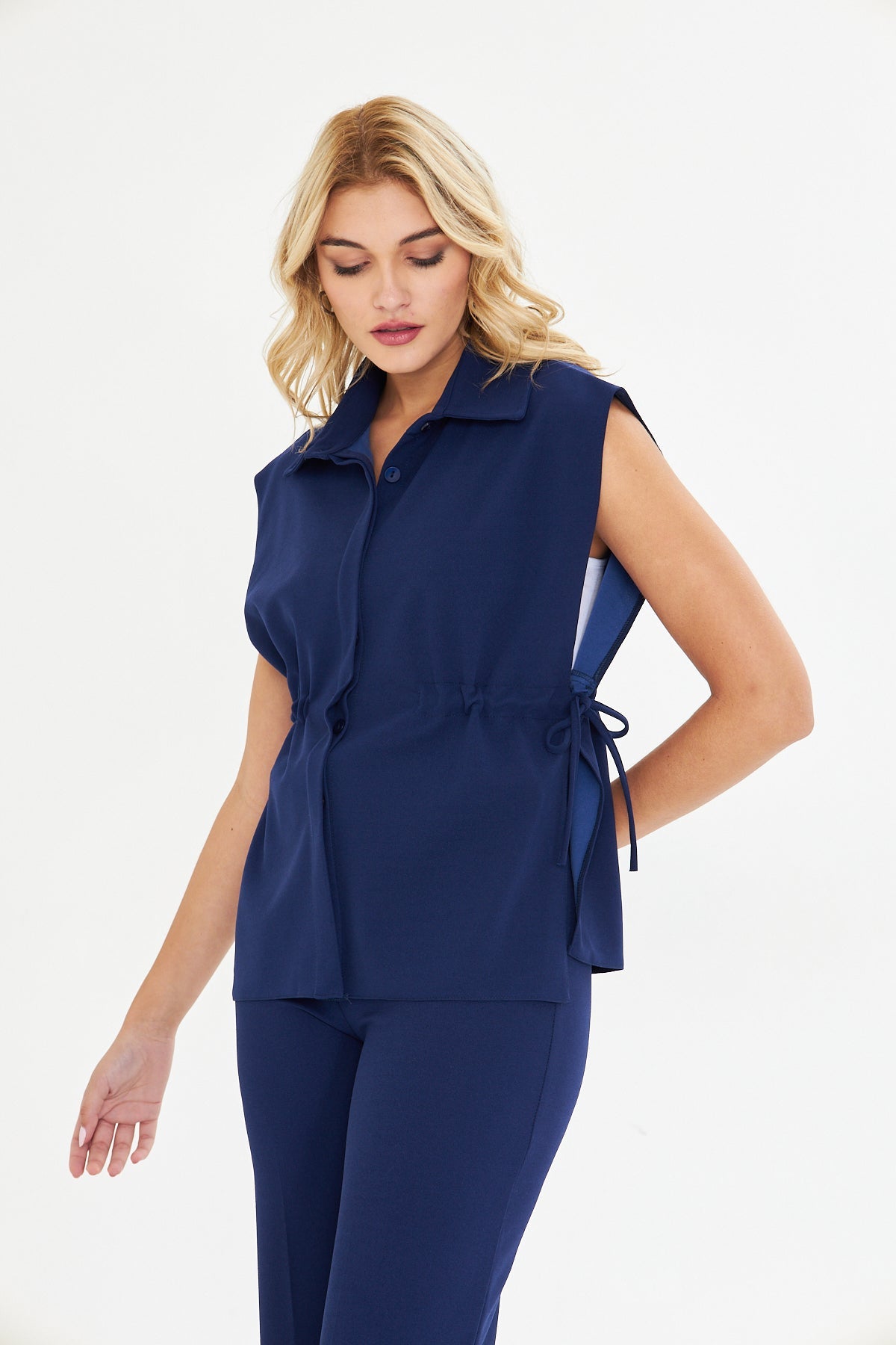 Lacivert Yandan Bağlamalı Uzun Yelek