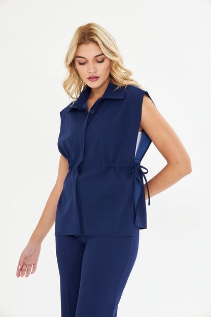Lacivert Yandan Bağlamalı Uzun Yelek