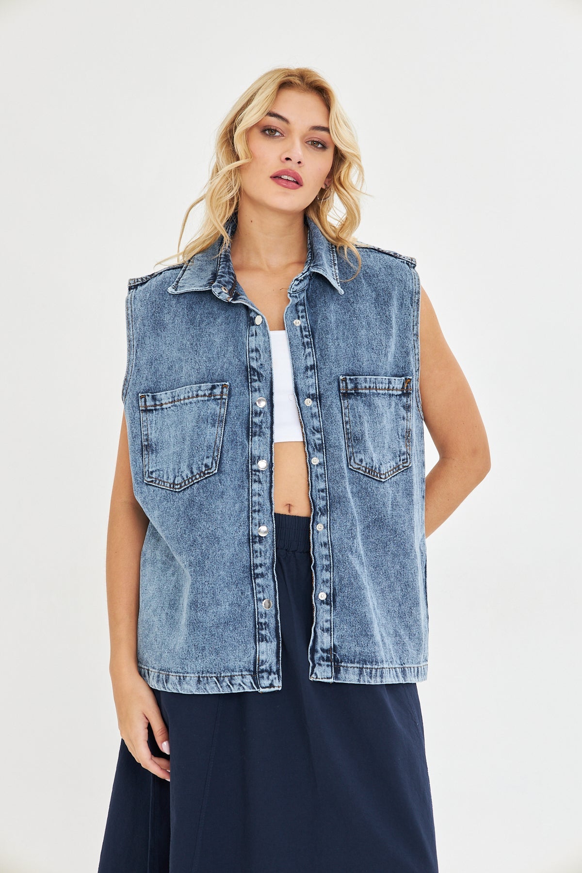 Koyu Mavi Boyfriend Denim Yelek