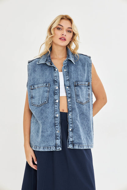 Koyu Mavi Boyfriend Denim Yelek