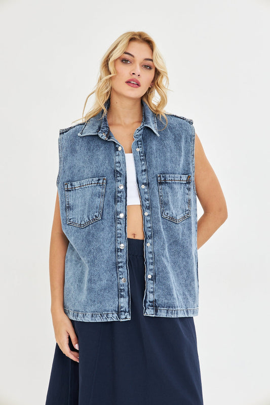 Koyu Mavi Boyfriend Denim Yelek